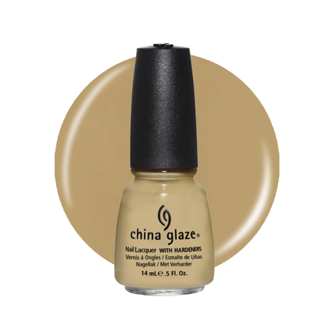 A bottle of China Glaze nail lacquer in a warm beige shade, shown against a matching beige circular swatch on a white background.