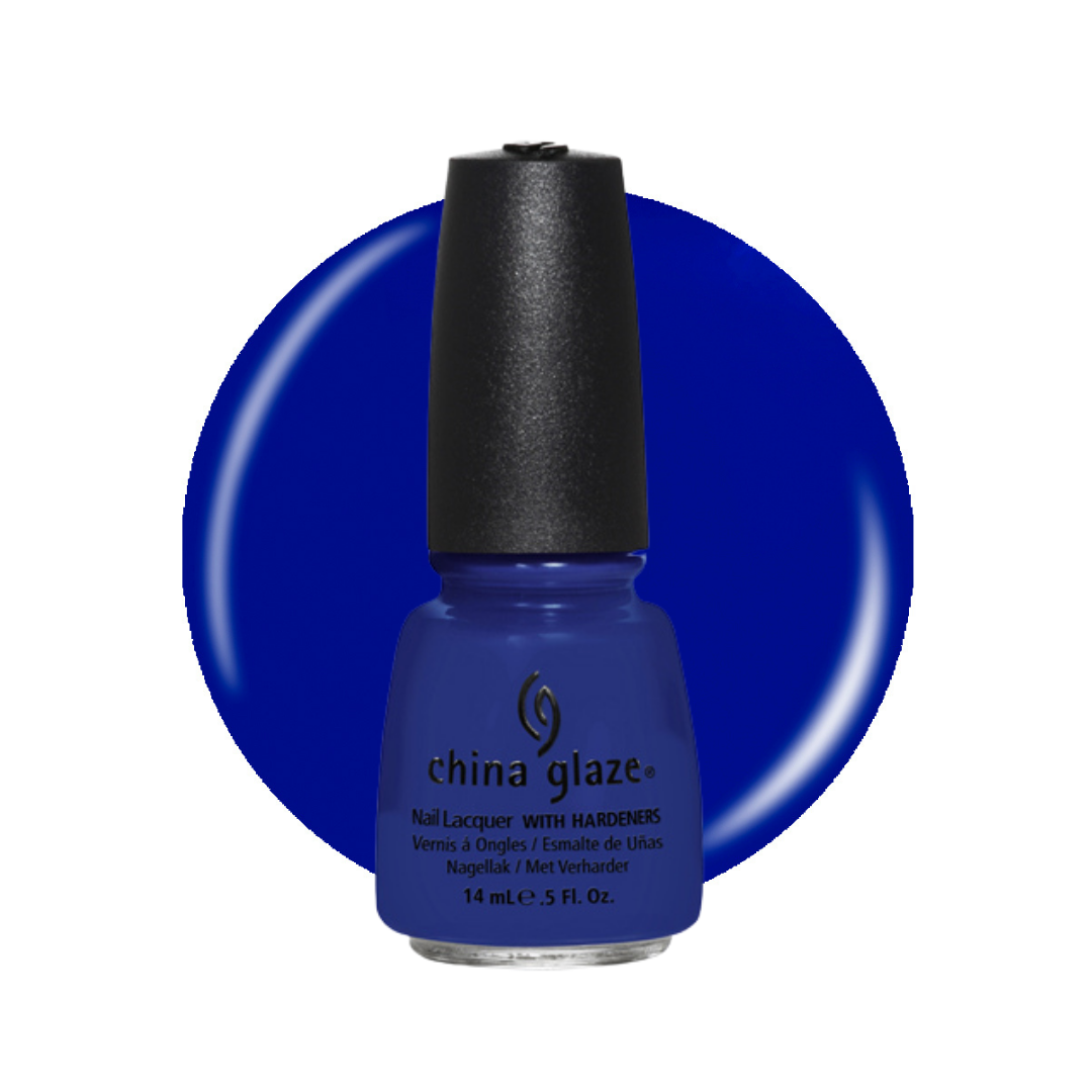A bottle of China Glaze royal blue nail polish with hardeners, set against a matching blue circular color swatch on a white background.