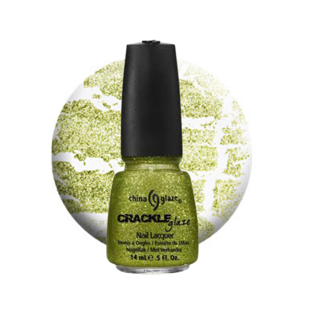 A bottle of China Glaze Crackle Glaze nail lacquer in a shimmering olive green shade, shown in front of a circular glitter swatch of the same color on a white background.