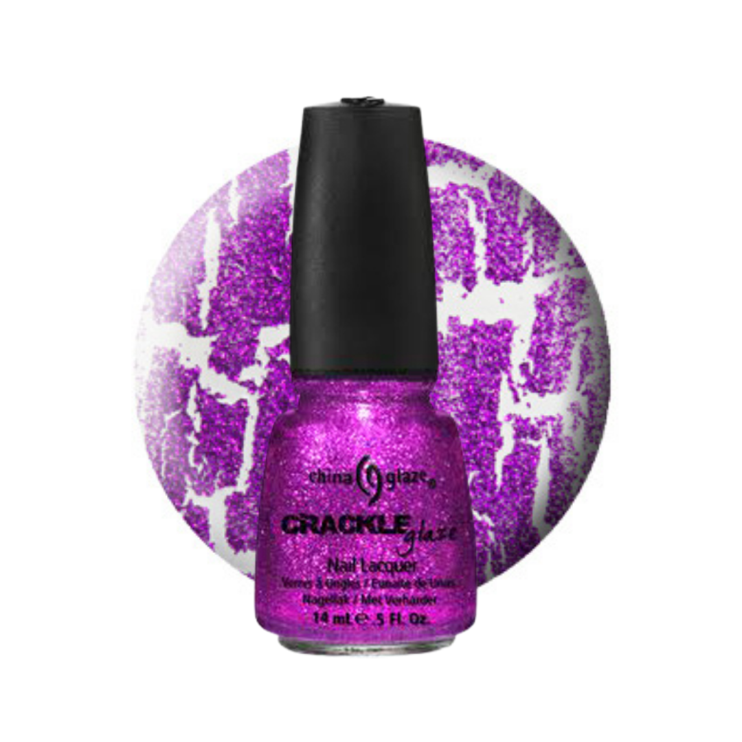 A bottle of Shimmer Glaze Crackle Glaze nail polish in a vibrant purple glitter shade, shown in front of a circular purple glitter swatch on a white background.