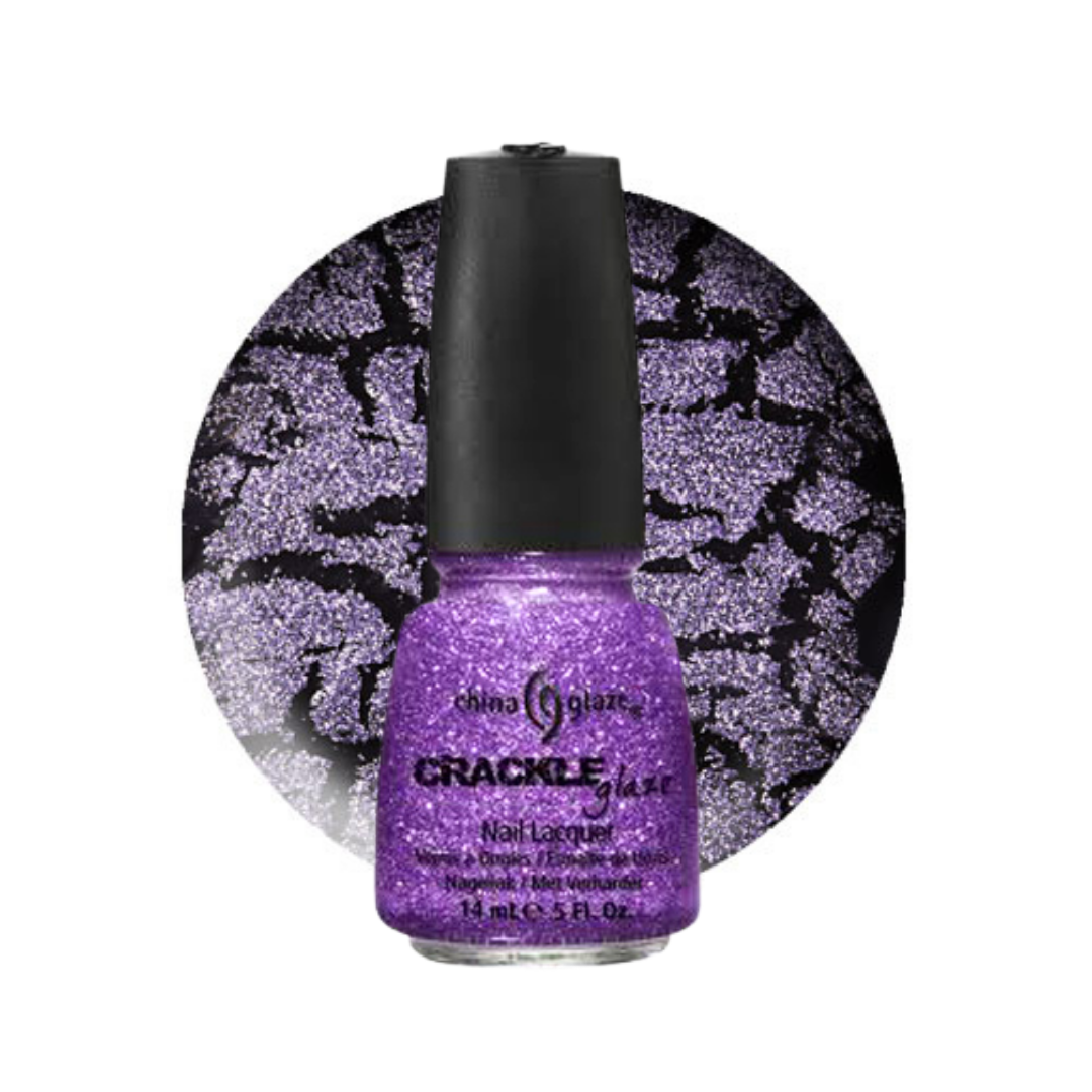 A bottle of China Glaze Crackle Glitter Nail Lacquer in a vibrant purple shade, set against a circular background showing the crackle glitter pattern of the polish.