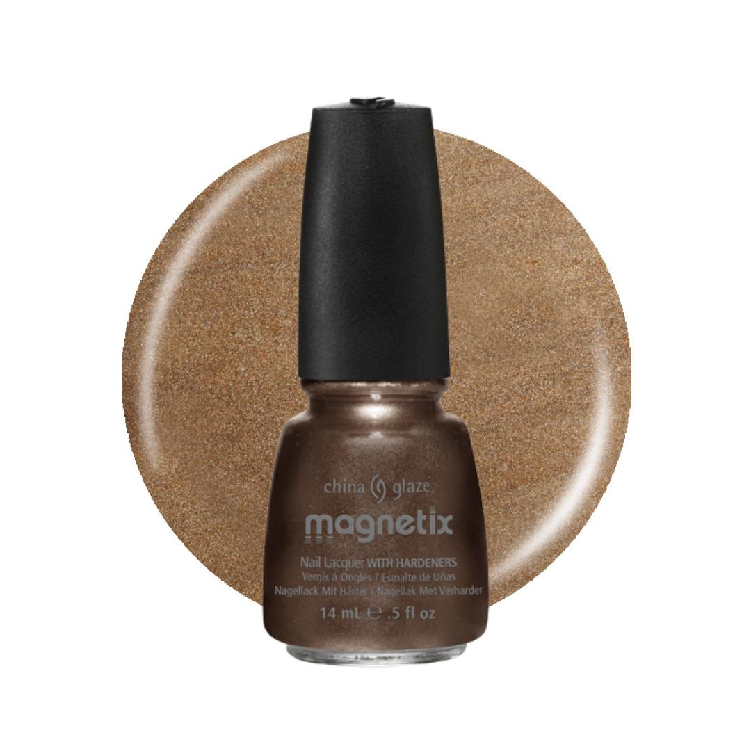 A bottle of China Glaze Magnetix nail polish with hardeners, featuring a metallic gold glitter polish, a black cap, and a circular gold glitter swatch behind it on a white background.