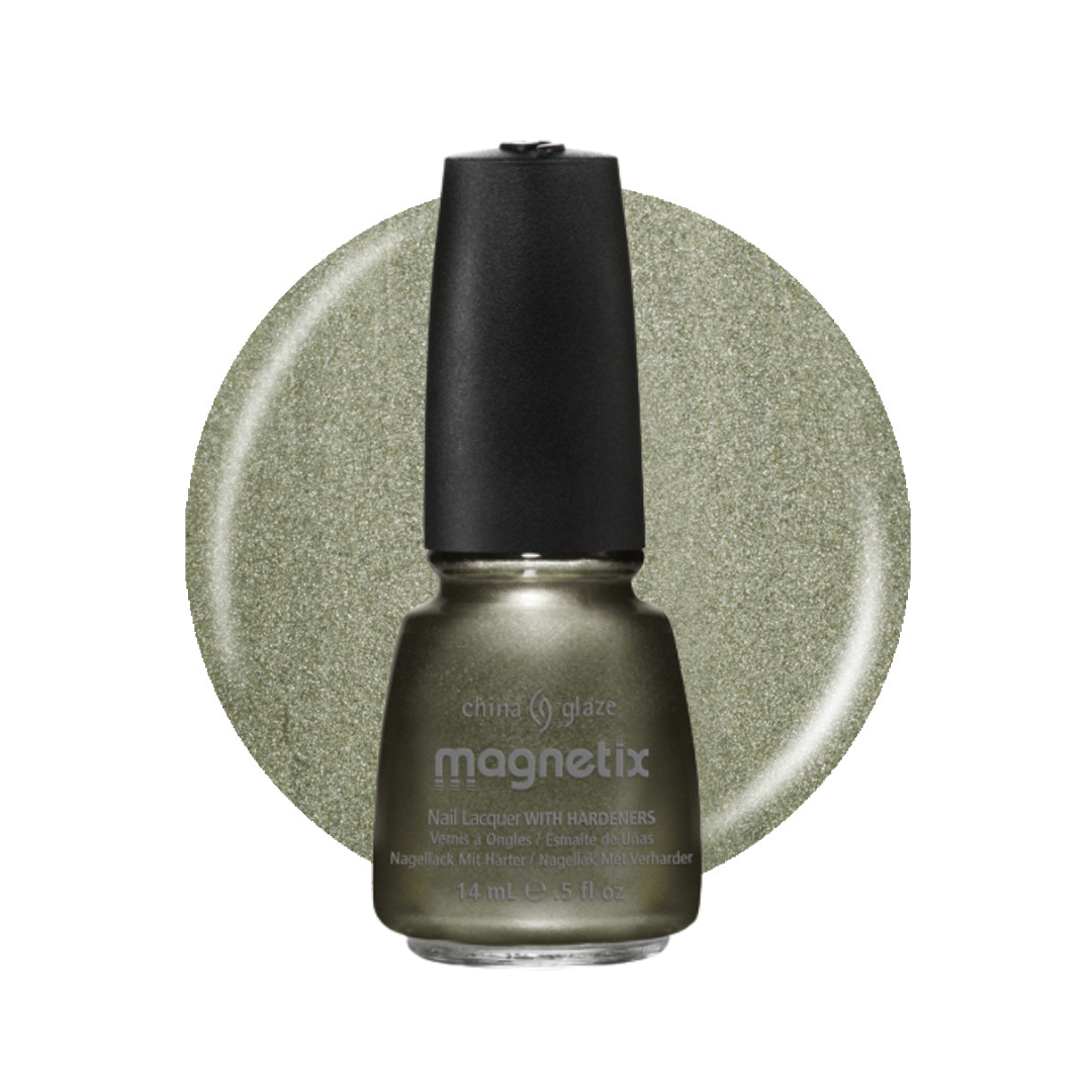 A bottle of China Glaze Magnetix nail polish in a shimmering olive green shade, shown in front of a matching circular color swatch on a white background.