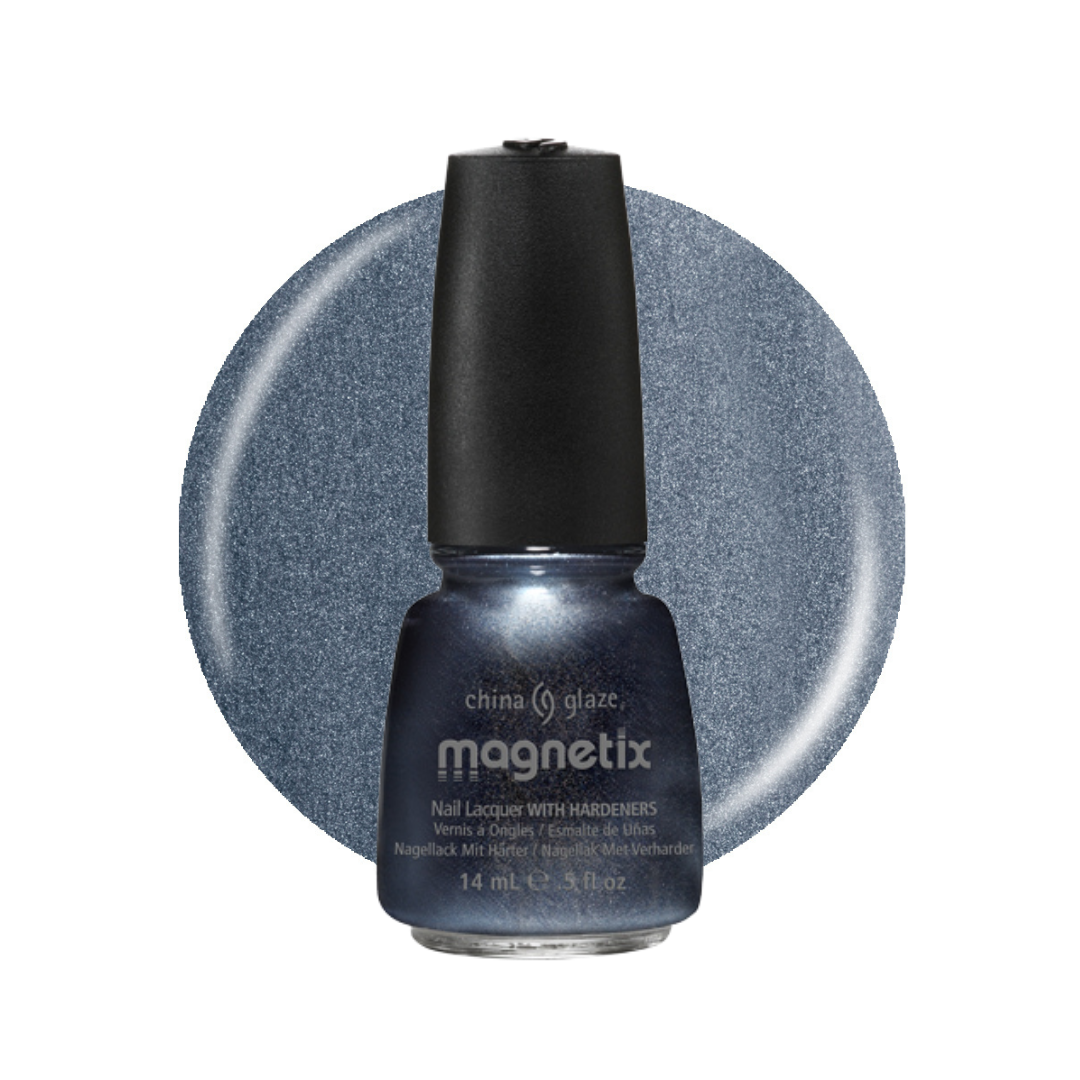 A bottle of China Glaze Magnetix nail polish in a shimmering slate blue shade, shown in front of a matching circular color swatch on a white background.