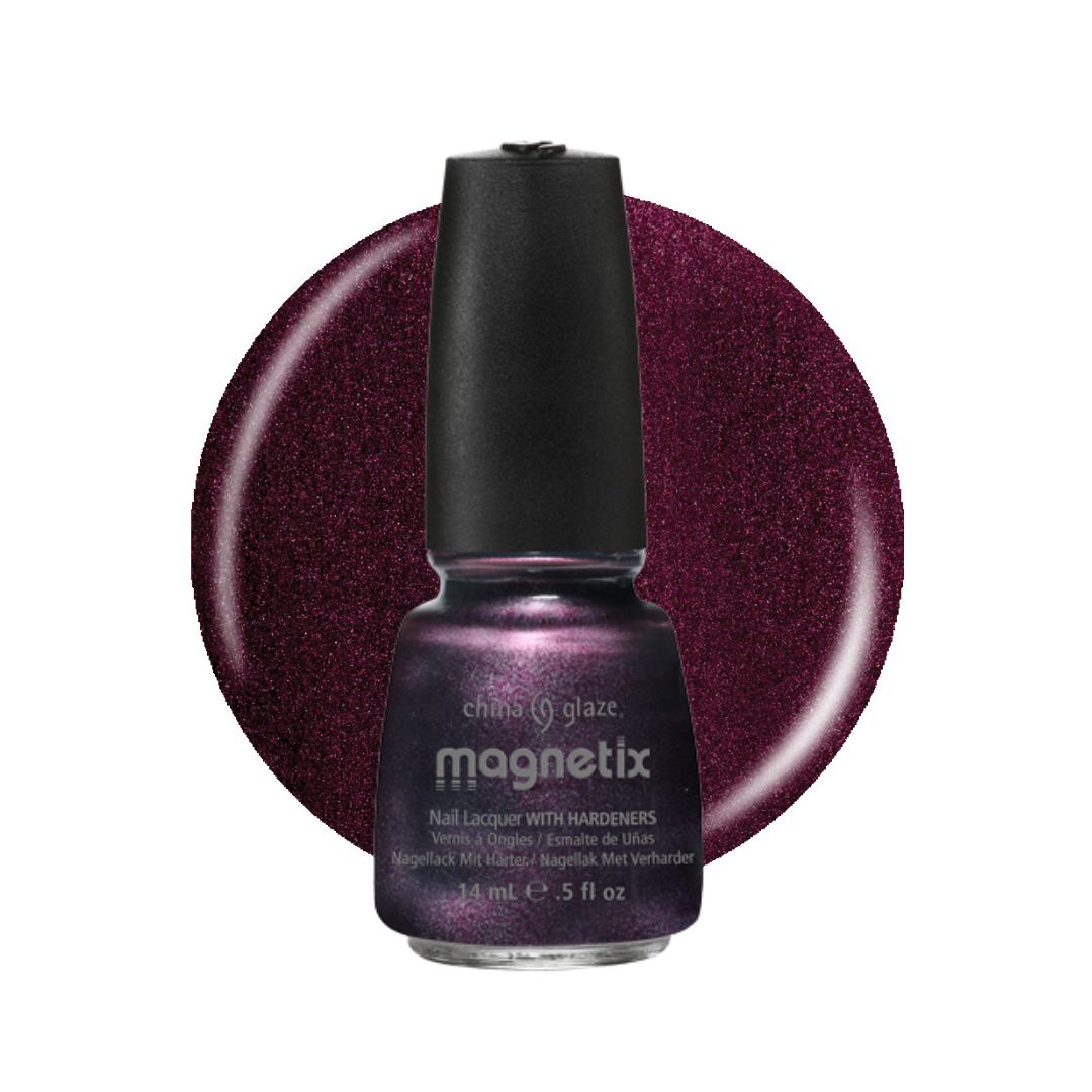 A bottle of China glaze Magnetix nail lacquer in a deep glittery plum purple shade, shown in front of a matching circular color swatch on a white background.