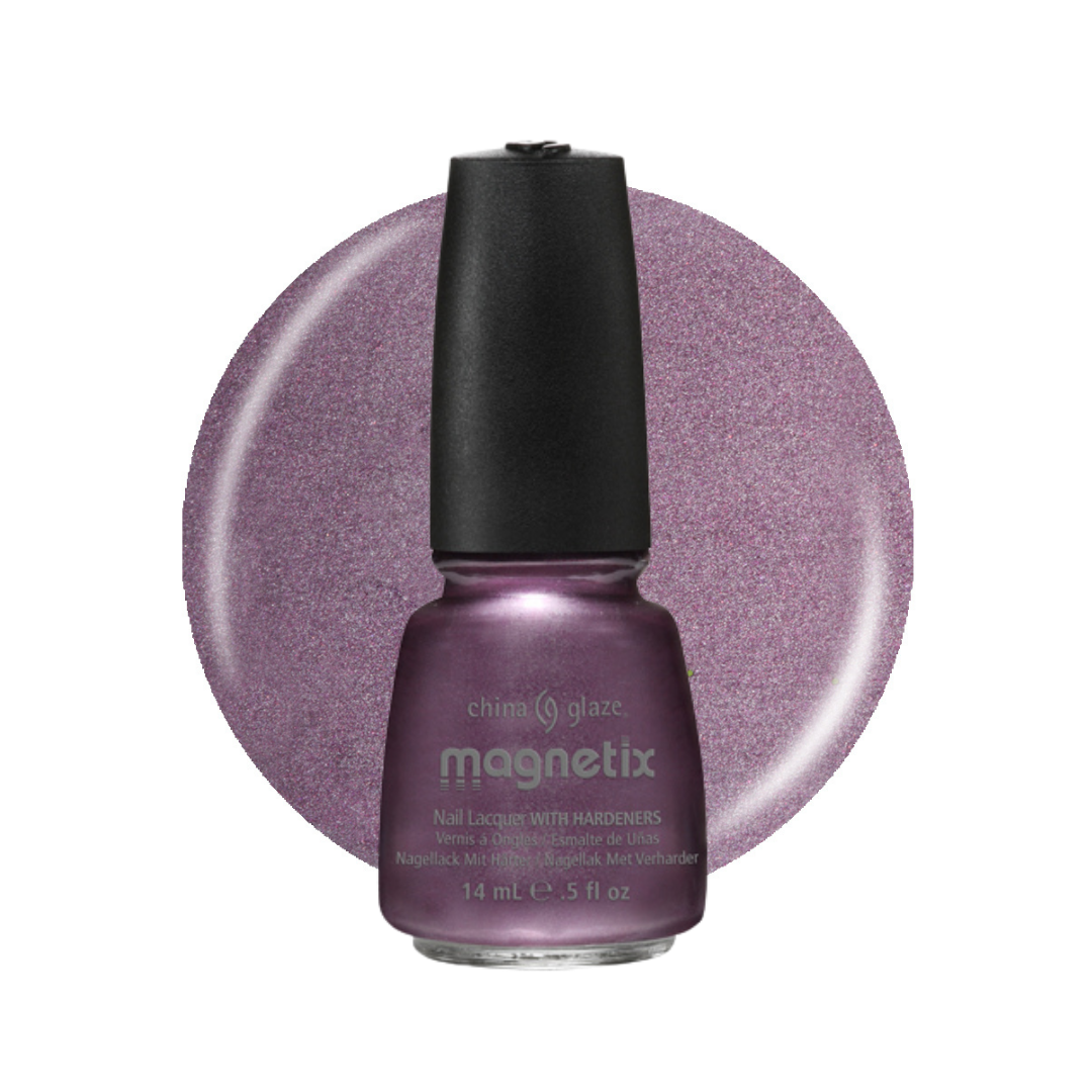 A bottle of China glaze magnetix nail lacquer in a sparkling lavender-purple shade, set against a matching circular swatch on a white background.