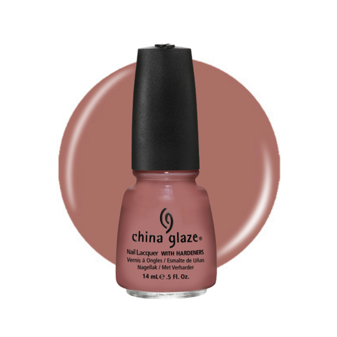 A bottle of China Glaze nail polish in a dusty rose pink shade, shown in front of a matching circular color swatch on a white background.