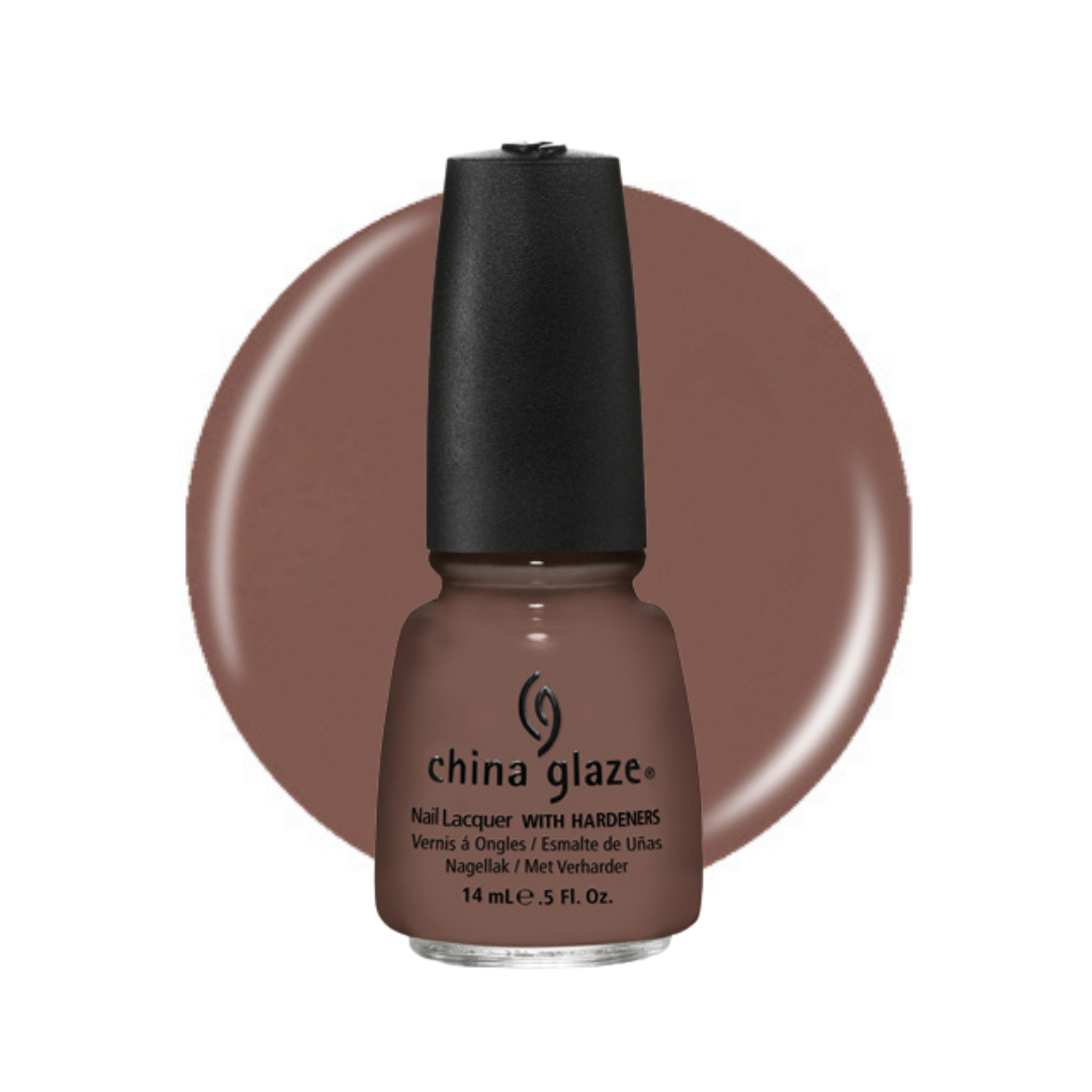 A bottle of China Glaze nail polish in a warm taupe-brown shade, shown in front of a matching circular color swatch on a white background.