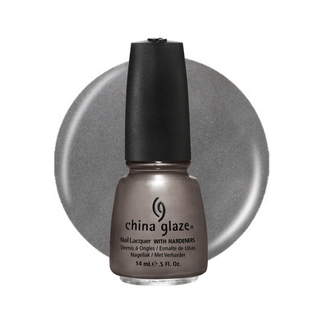A bottle of China Glaze nail polish in a metallic taupe-gray shade, shown in front of a matching circular color swatch on a white background.