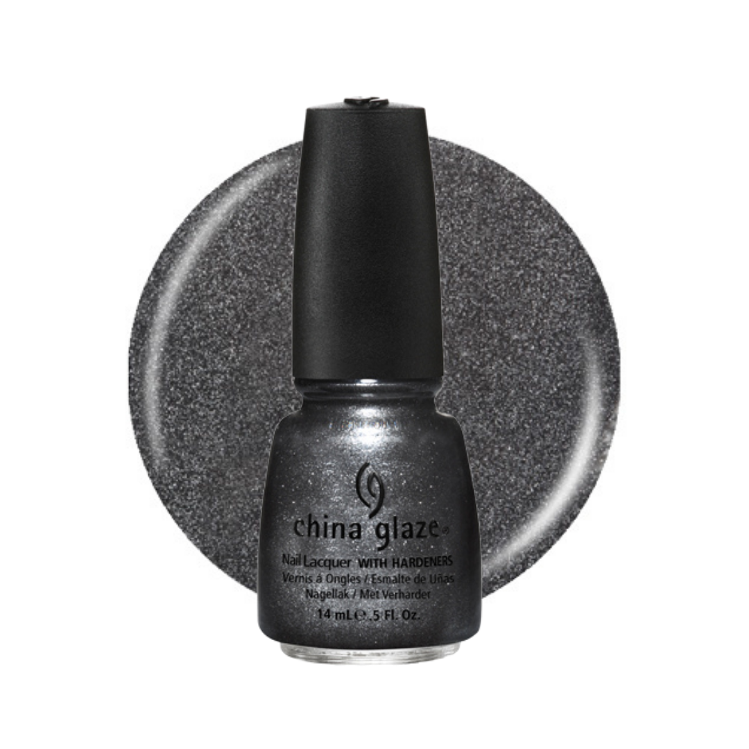 A bottle of China Glaze nail lacquer with hardeners in a sparkly dark silver-gray shade, shown in front of a matching circular color swatch on a white background.