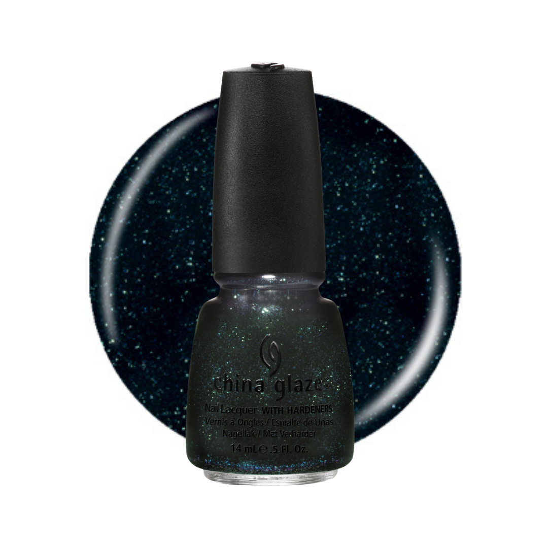 China Glaze nail lacquer with harper's in a dark glittery blue-green shade, shown in a bottle with a black cap in front of a matching circular color swatch on a white background.