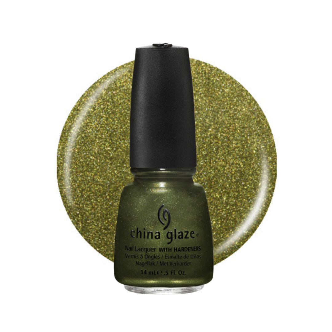 A bottle of China Glaze nail polish in a glittery olive green shade, shown in front of a large circular swatch of the same glittery green color on a white background.