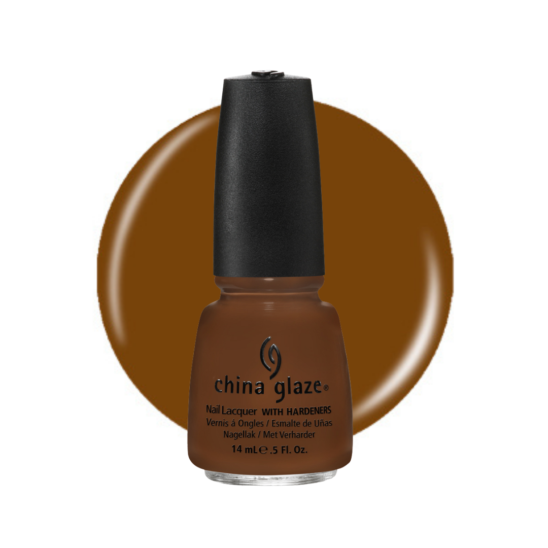 A bottle of China Glaze nail lacquer in a warm medium brown shade, shown against a white background with a matching brown circular color swatch behind it.