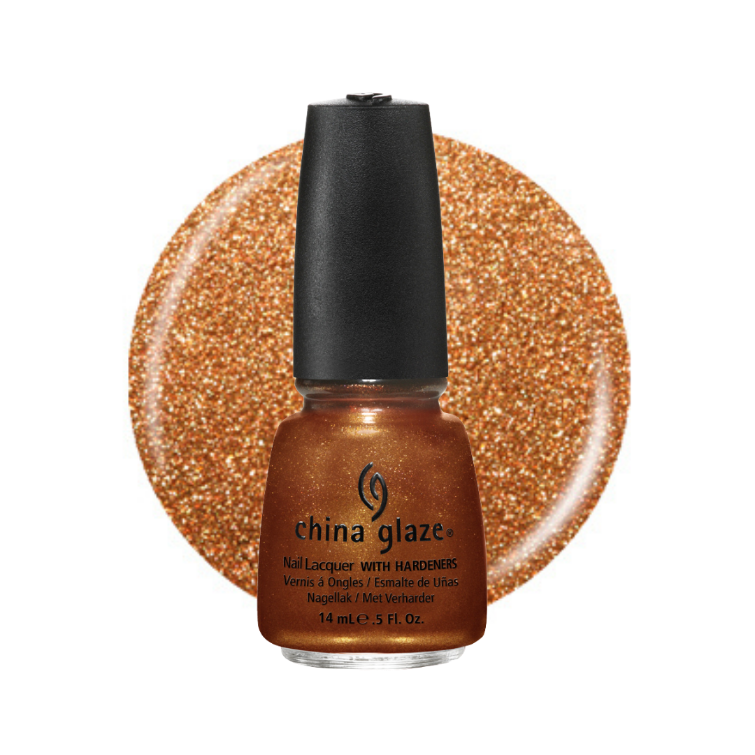 A bottle of China Glaze nail polish in a metallic bronze-gold shade, shown in front of a glittery circular color swatch of the same shade on a white background.