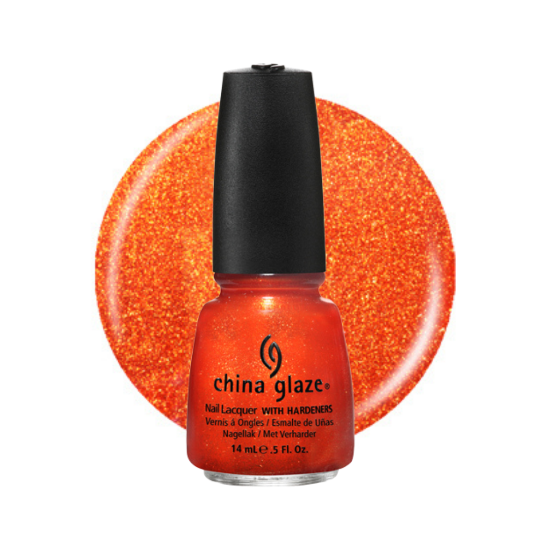 A bottle of China Glaze nail polish in a bright orange glitter shade, shown in front of a matching circular orange glitter swatch on a white background.