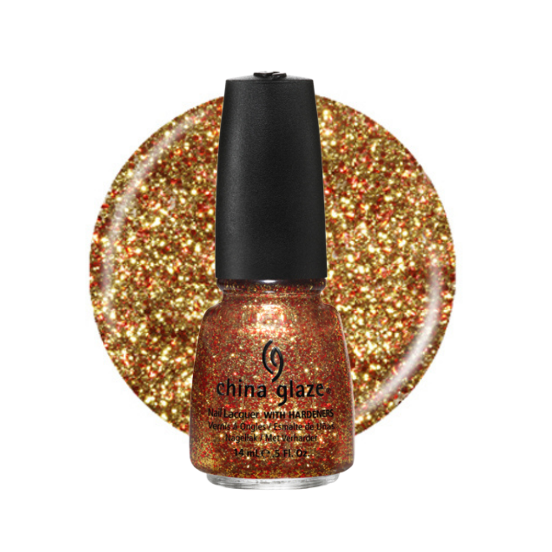 A bottle of China Glaze nail polish with shimmering gold and orange glitter polish, shown in front of a circular glitter swatch of the same shade on a white background.