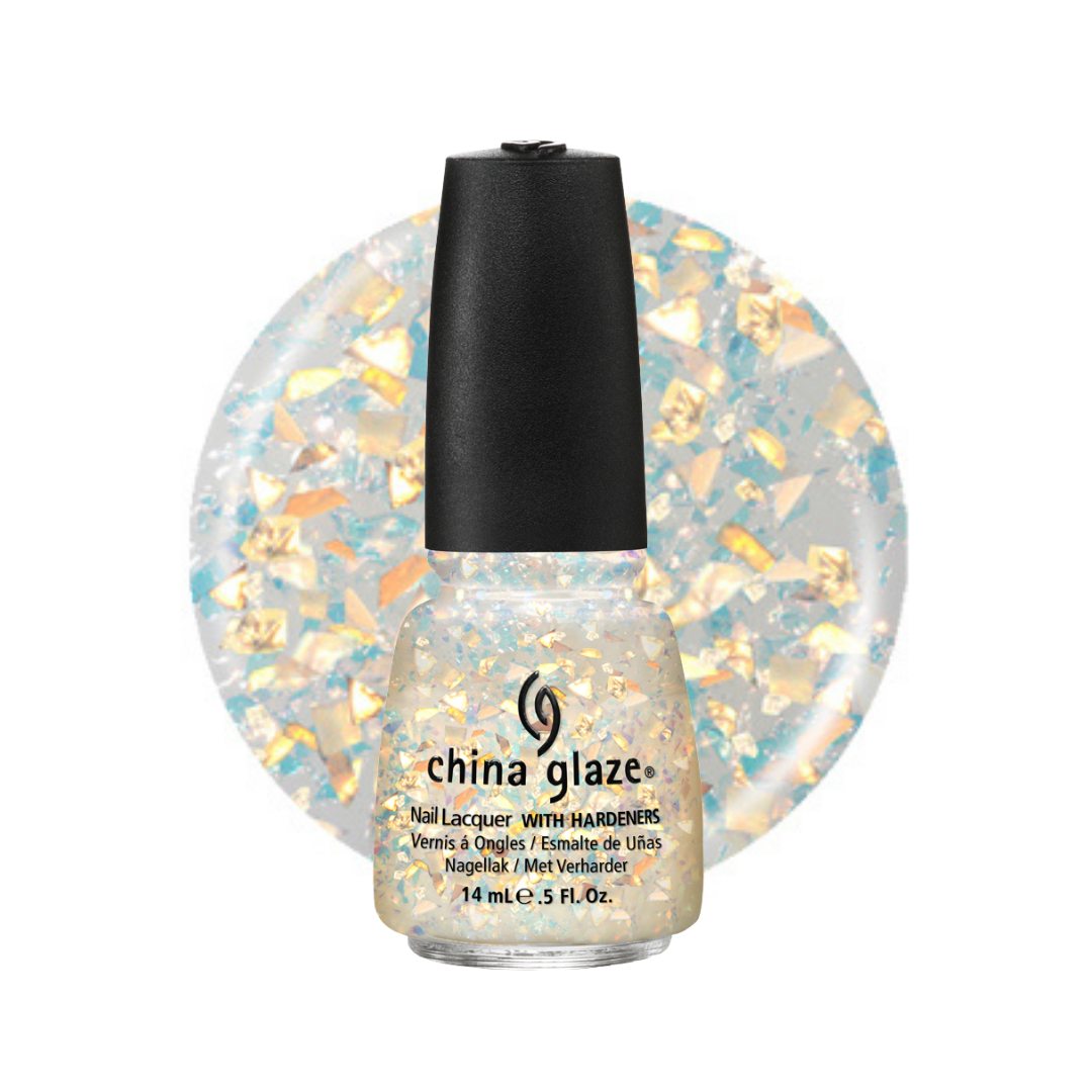 A bottle of China Glaze nail polish with a black cap, shown in front of a circular swatch of the glittery gold and light blue polish. The bottle is labeled 'china glaze' and 'Nail Lacquer WITH HARDENERS'.