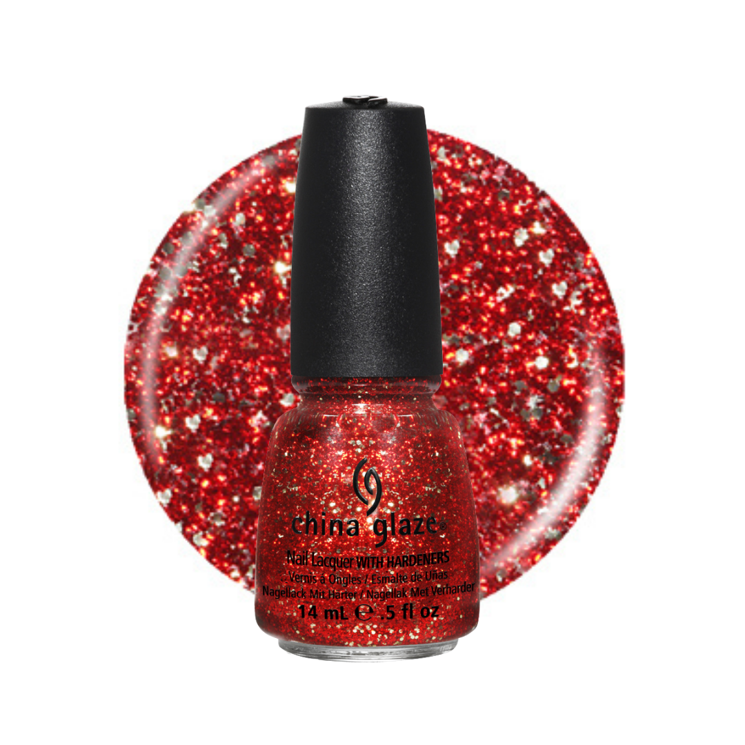 A bottle of China Glaze nail polish in a bright red glitter shade, shown in front of a large circular glitter swatch of the same shade on a white background.