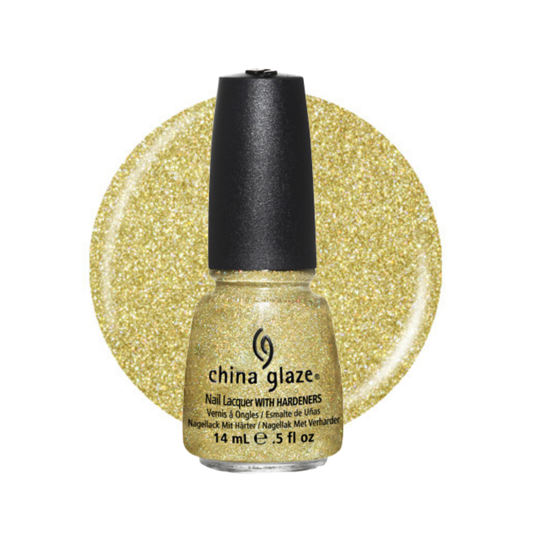 A bottle of China Glaze nail polish with hardeners in a sparkling gold shade, shown in front of a circular glitter swatch of the same gold color on a white background.