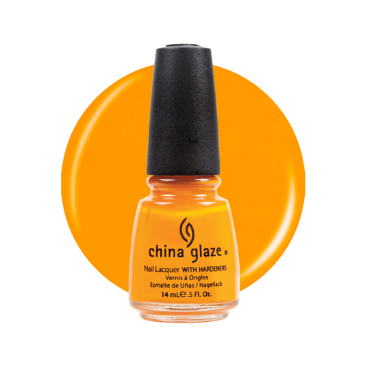 A bottle of China Glaze nail polish in a bright orange shade, shown against a white background with a matching orange circular color swatch behind it.