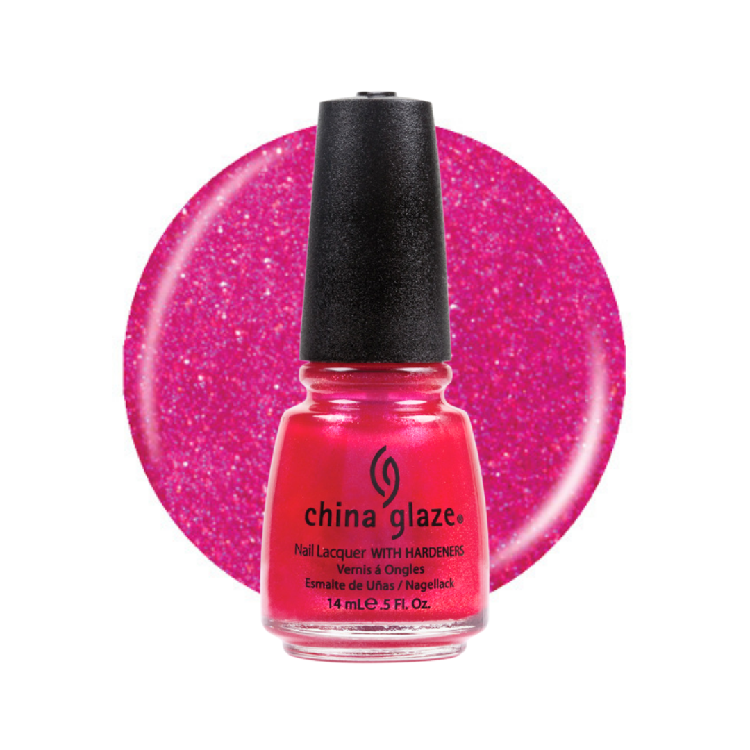 A bottle of China Glaze nail polish with a black cap, shown in front of a large circular swatch of the glittery pink polish on a white background.