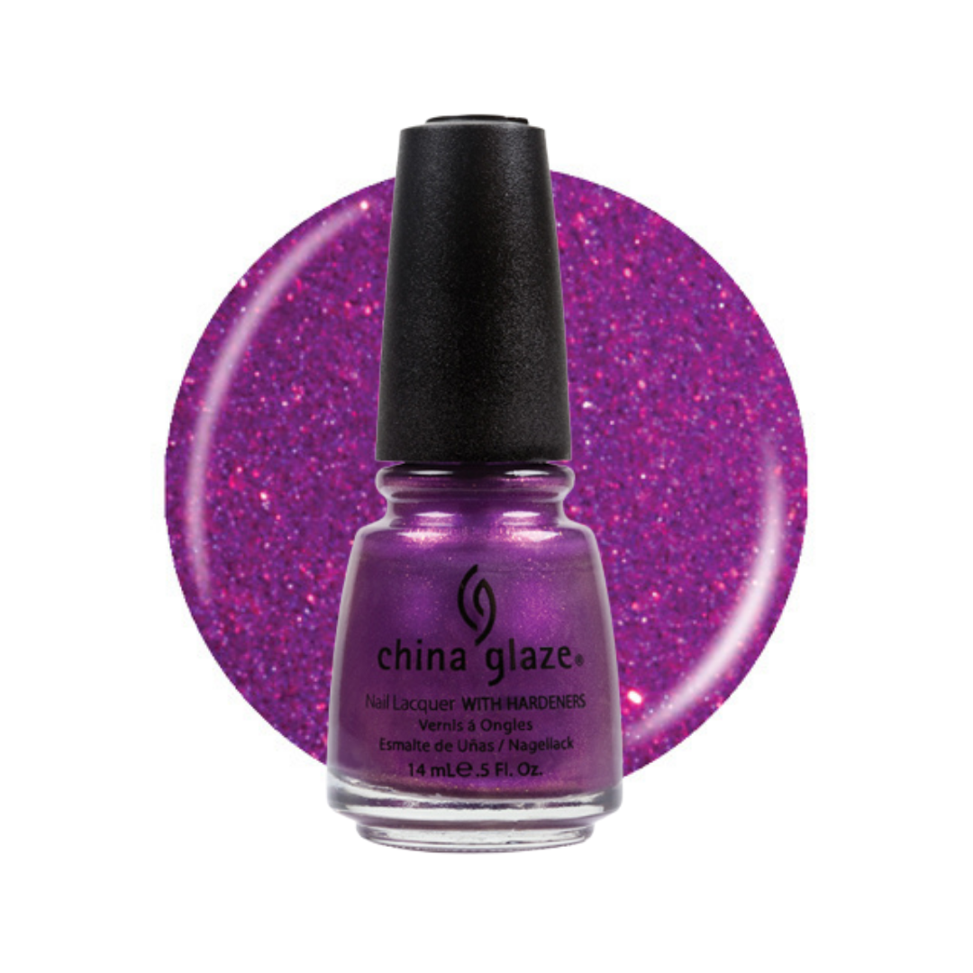 A bottle of China Glaze nail polish in a sparkling purple shade, shown in front of a large circular swatch of the same glittery purple polish on a white background.