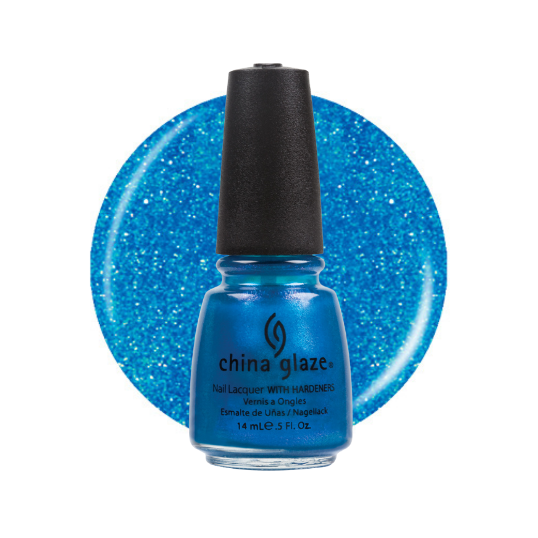 A bottle of China Glaze nail lacquer in a bright glittery blue shade, shown in front of a large circular swatch of the same blue glitter polish on a white background.