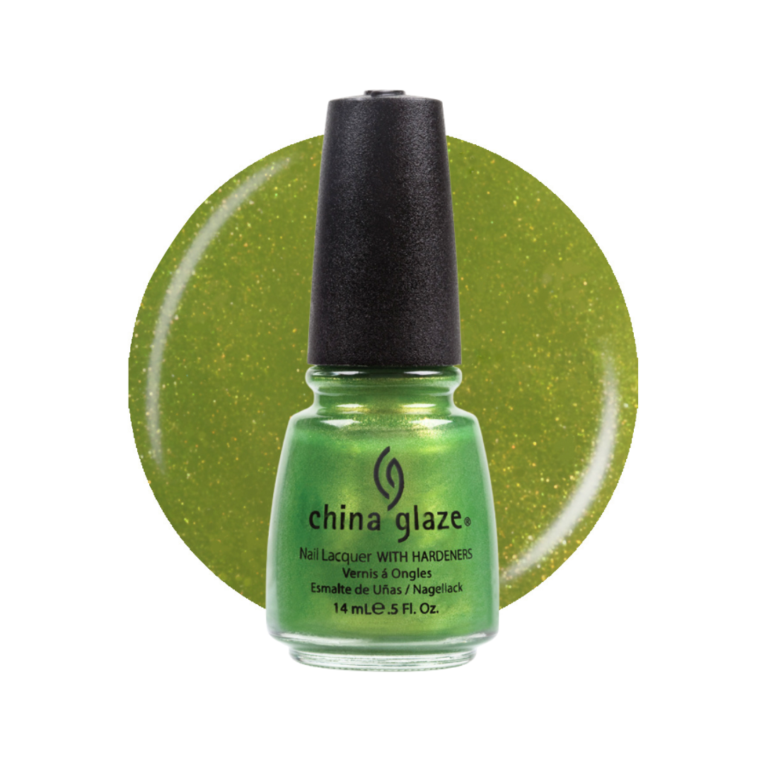 A bottle of China Glaze nail polish in a sparkling lime green shade, shown in front of a matching circular swatch on a white background.