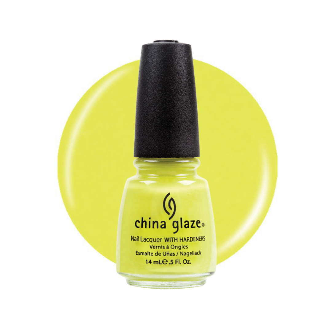 A bottle of China Glaze nail polish in a bright chartreuse yellow shade, shown against a white background with a matching circular color swatch behind it.