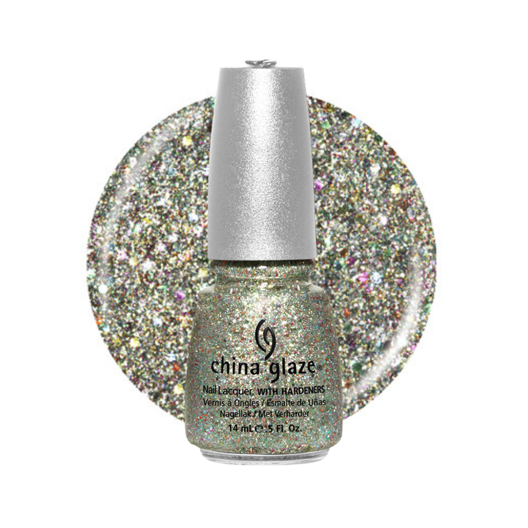 A bottle of China Glaze nail polish with a matching circular glitter swatch behind it, on a plain white background.