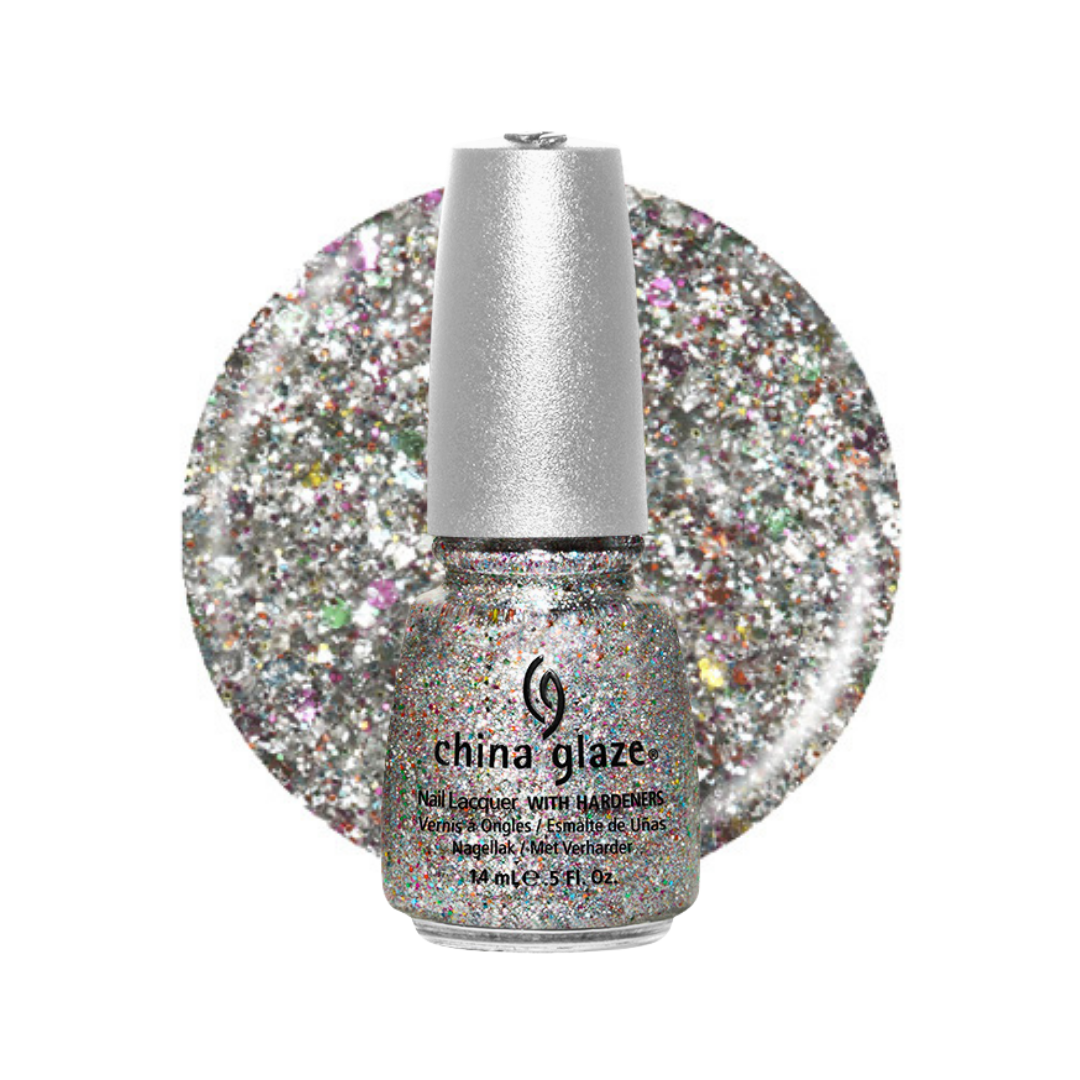 China Glaze glitter nail polish bottle in a holographic silver shade, shown in front of a circular glitter swatch on a white background.