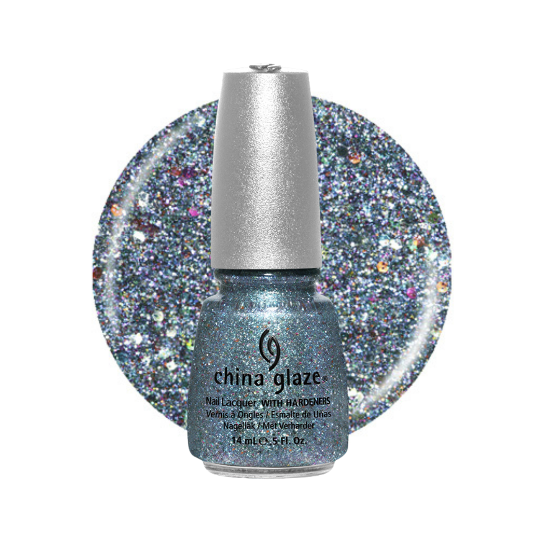 A bottle of China Glaze nail polish with a silver cap, shown in front of a circular glitter swatch of the same icy blue sparkly shade on a white background.