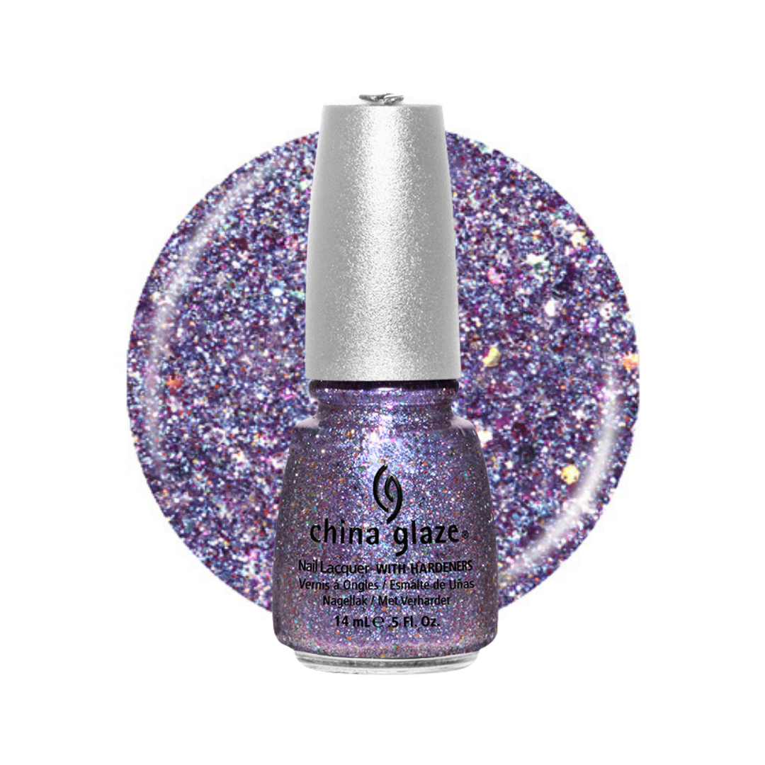 China Glaze glitter nail polish in a purple shade with silver and pink iridescent sparkle, shown in a 12 ml bottle with a matching circular swatch on a white background.
