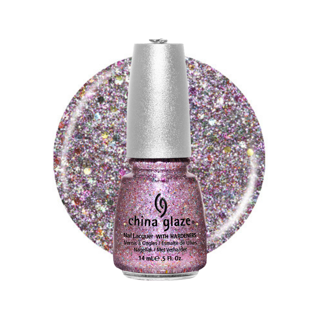 A bottle of China Glaze nail lacquer with a silver cap, shown in front of a circular glitter swatch of the same lavender-pink holographic shade on a white background.