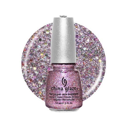 A bottle of China Glaze nail lacquer with a silver cap, shown in front of a circular glitter swatch of the same lavender-pink holographic shade on a white background.