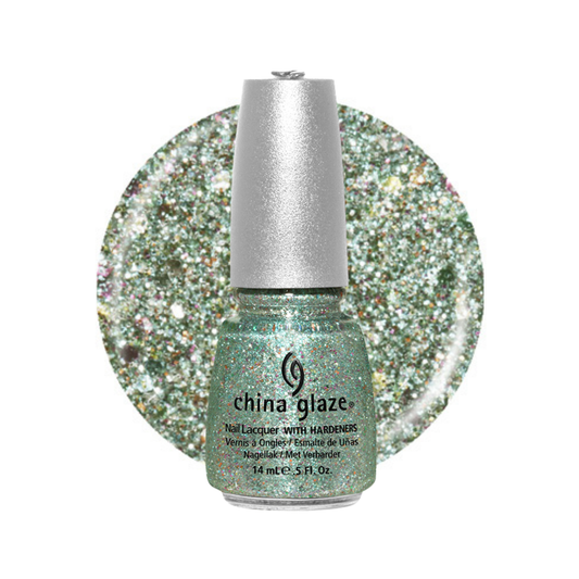 A bottle of China Glaze nail polish with a silver cap, shown in front of a circular glitter swatch of the same iridescent green shimmer on a white background.