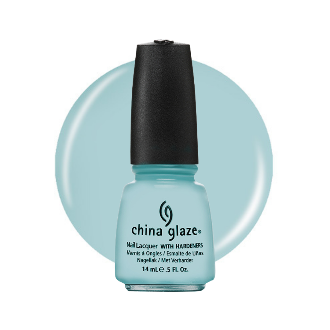 A bottle of China Glaze nail polish in a light aqua/mint shade, shown against a matching circular color swatch on a white background.