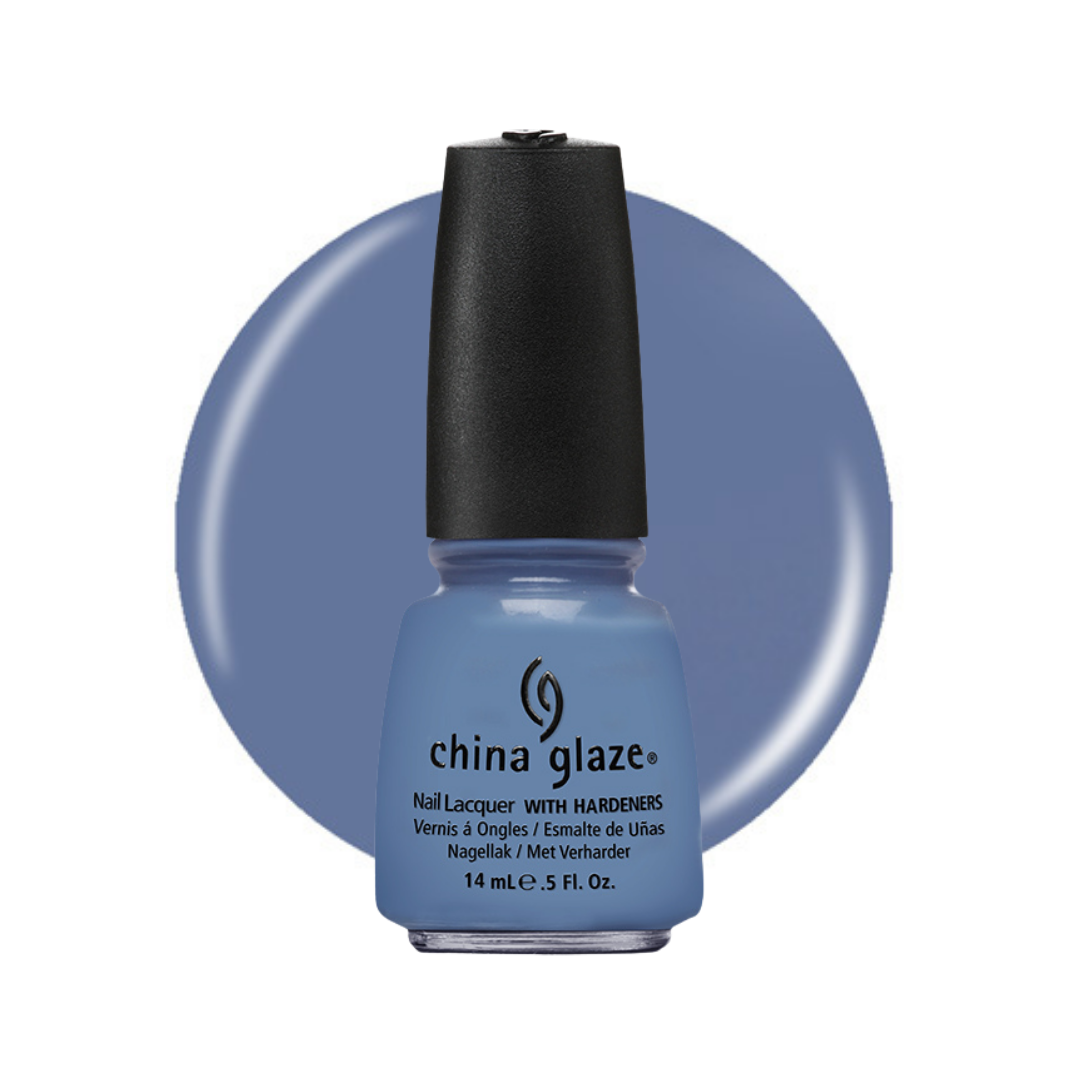 A bottle of China Glaze nail polish in a dusty periwinkle blue shade, shown against a matching blue circular color swatch on a white background.