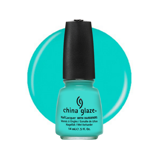 A bottle of China Glaze nail lacquer in a bright turquoise shade, set against a matching turquoise circular color swatch on a white background.