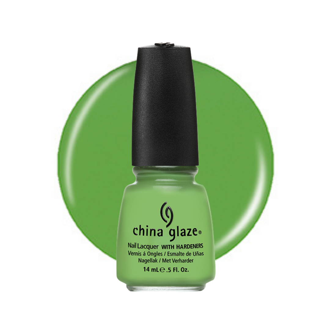 A bottle of China Glaze nail polish in a bright lime green shade, shown against a matching green circular color swatch on a white background.