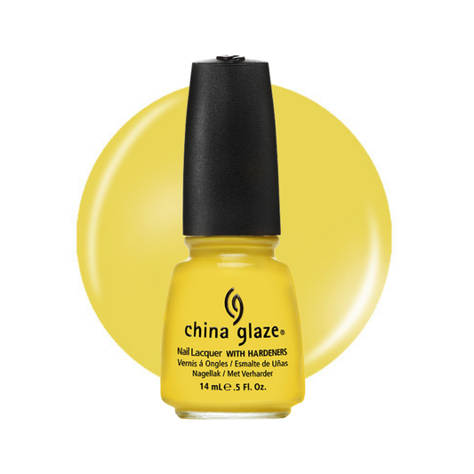 A bottle of China Glaze nail polish in a bright yellow shade with a black cap, set against a matching yellow circular swatch on a white background.