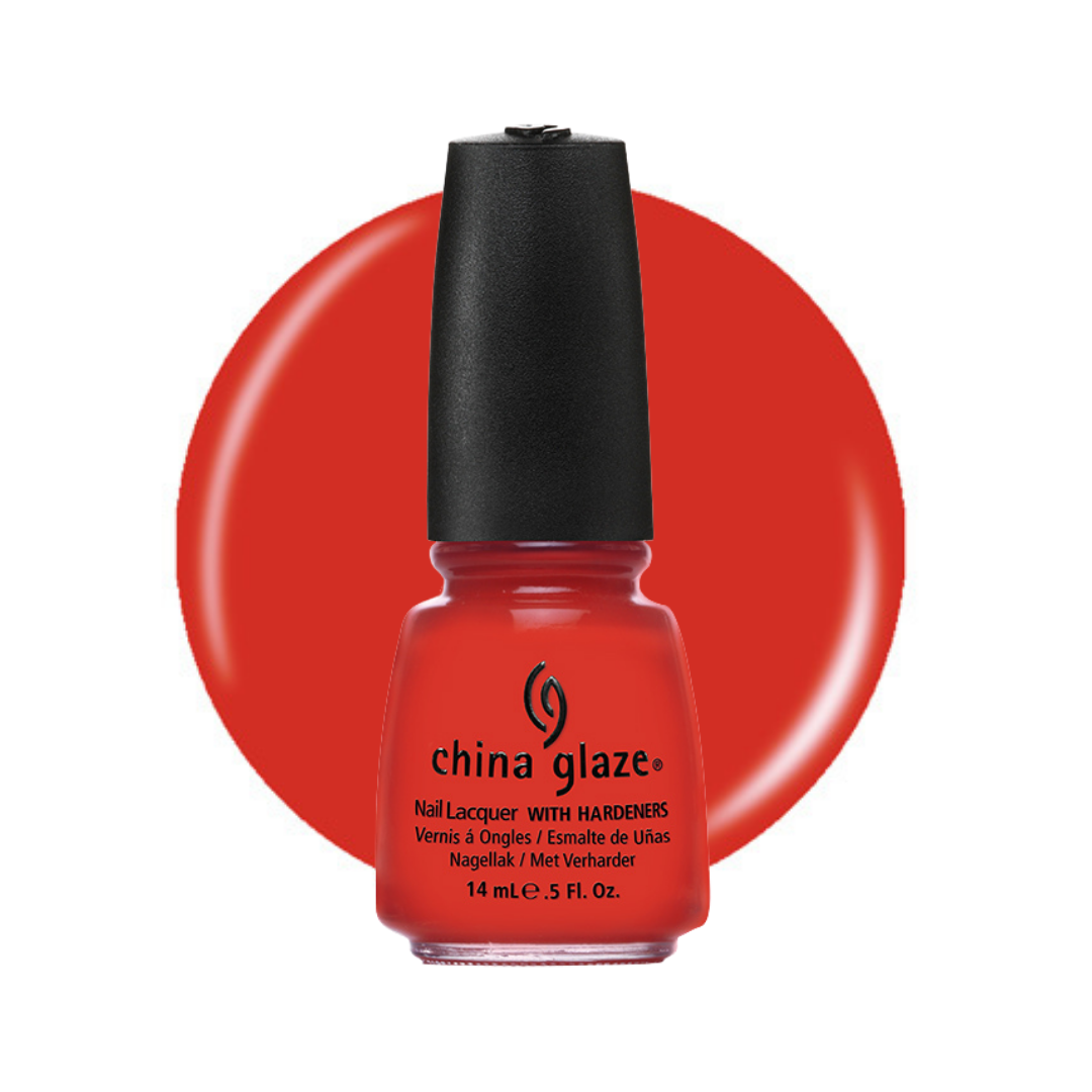 A bottle of China Glaze nail polish in a vibrant red shade, set against a matching red circular color swatch on a white background.