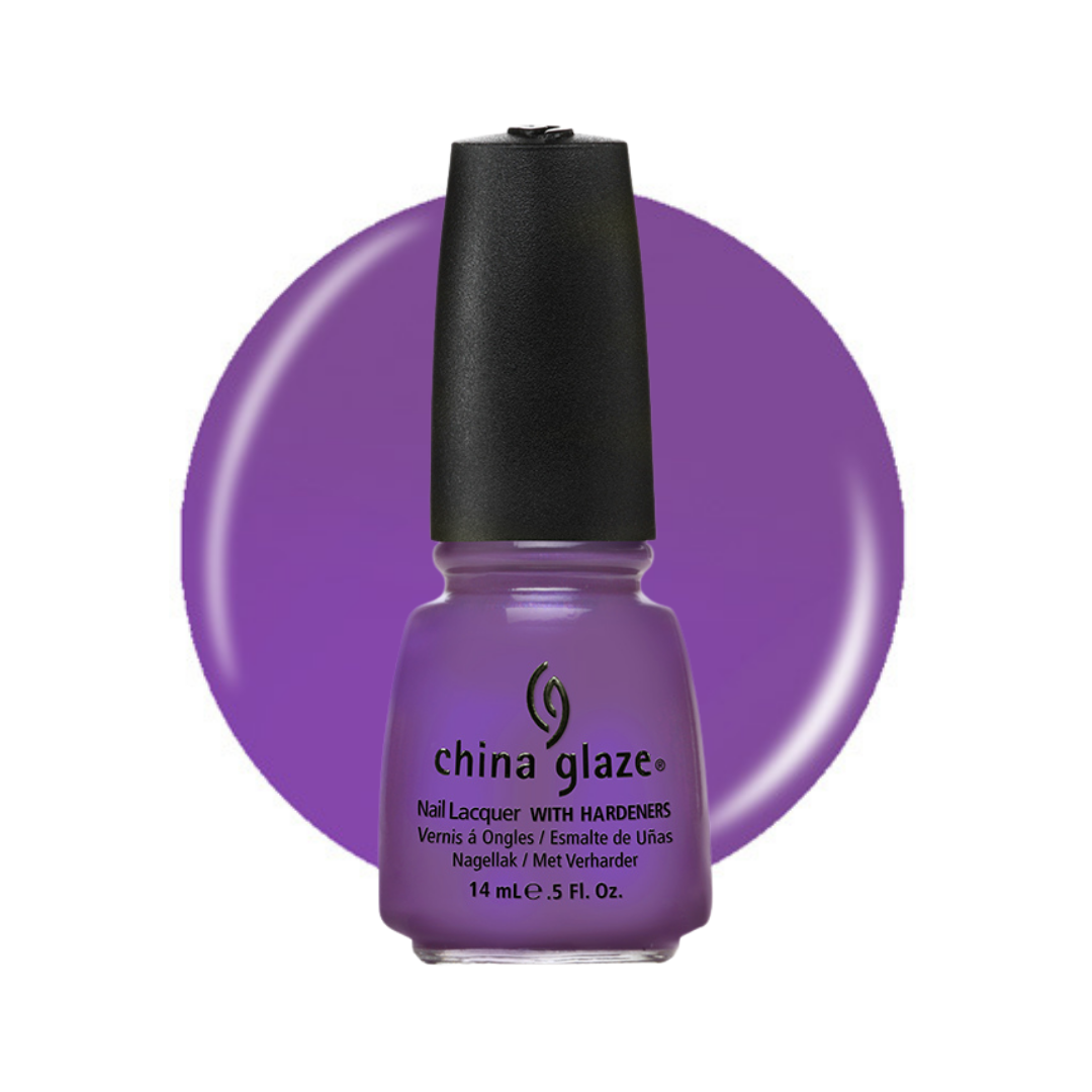 A bottle of China Glaze nail polish in a medium purple shade, shown against a white background with a large matching purple color swatch behind it.