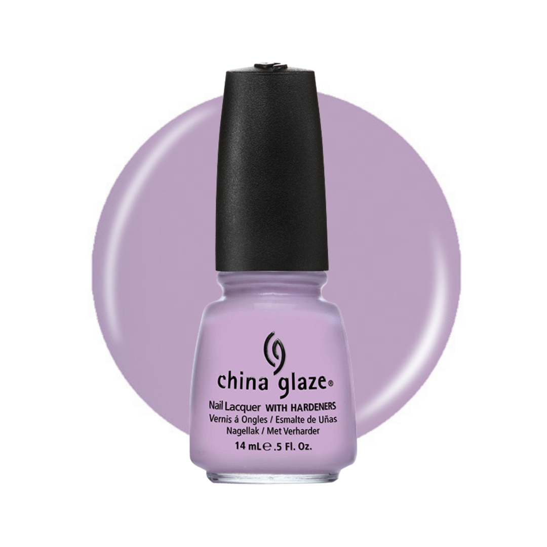 A bottle of China Glaze nail polish in a light lavender purple shade, shown against a matching circular color swatch on a white background.