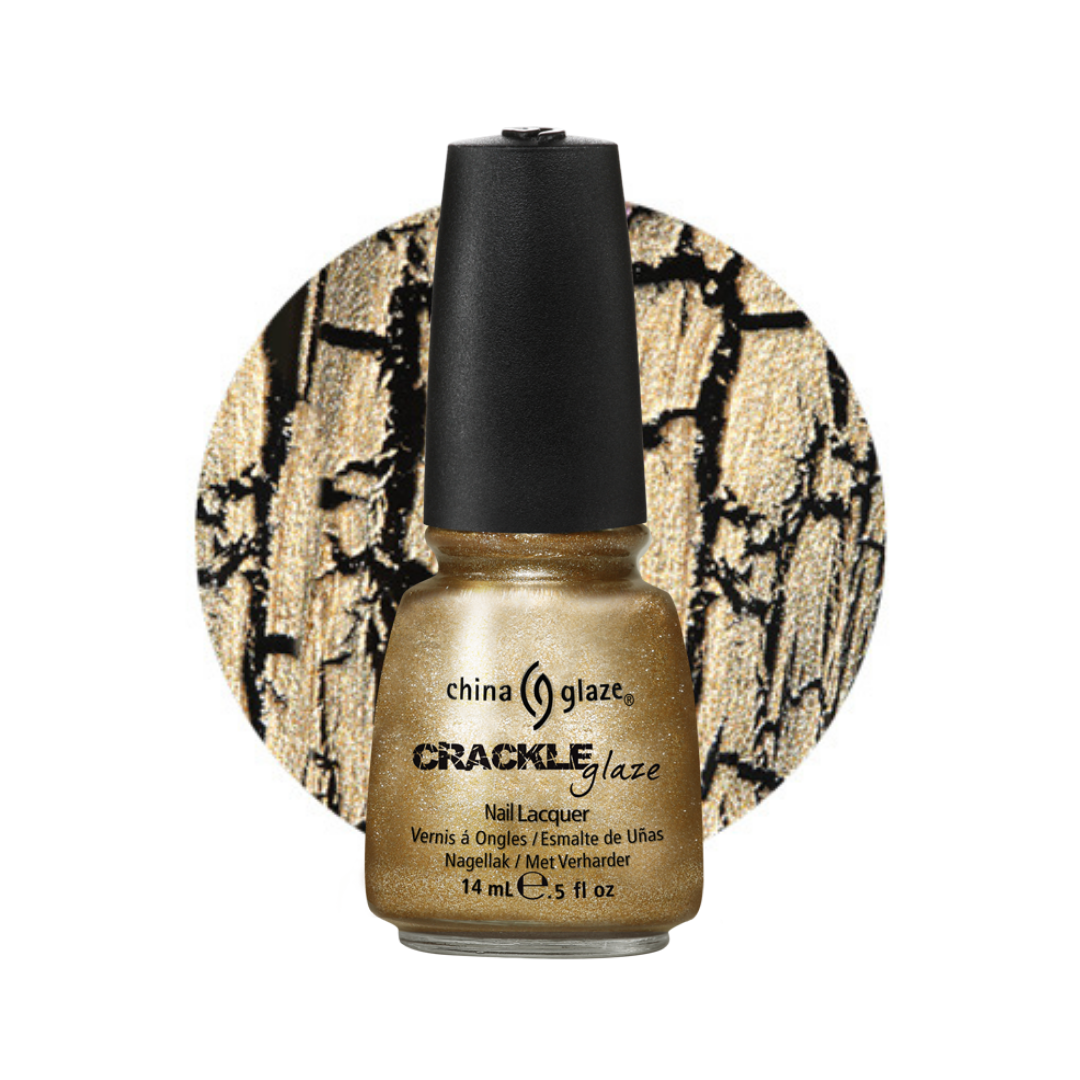 A bottle of China Glaze Crackle Glaze nail lacquer in a metallic gold shimmer shade, shown against a white background with a circular gold and black crackle pattern swatch behind it.