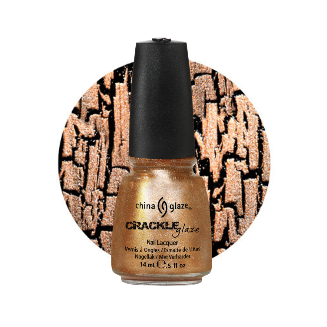 A bottle of China Glaze Crackle Glaze nail lacquer in a shimmering metallic copper-gold shade, set against a circular background pattern matching the lacquer's crackle texture.