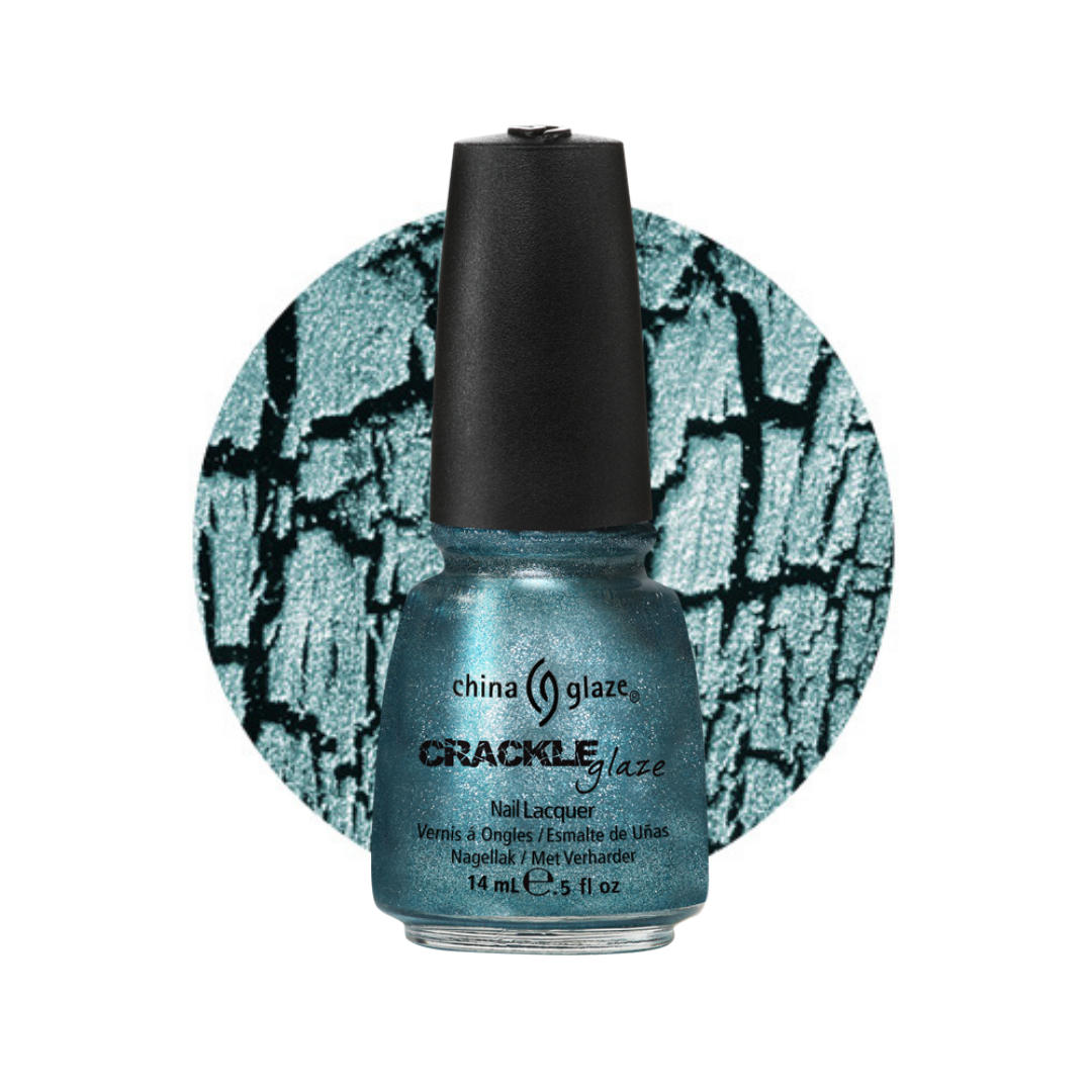 China Glaze Crackle Glaze nail polish in a 14 ml bottle, featuring a shimmering teal-blue color with a black cap, set against a circular textured swatch of the same pattern on a white background.