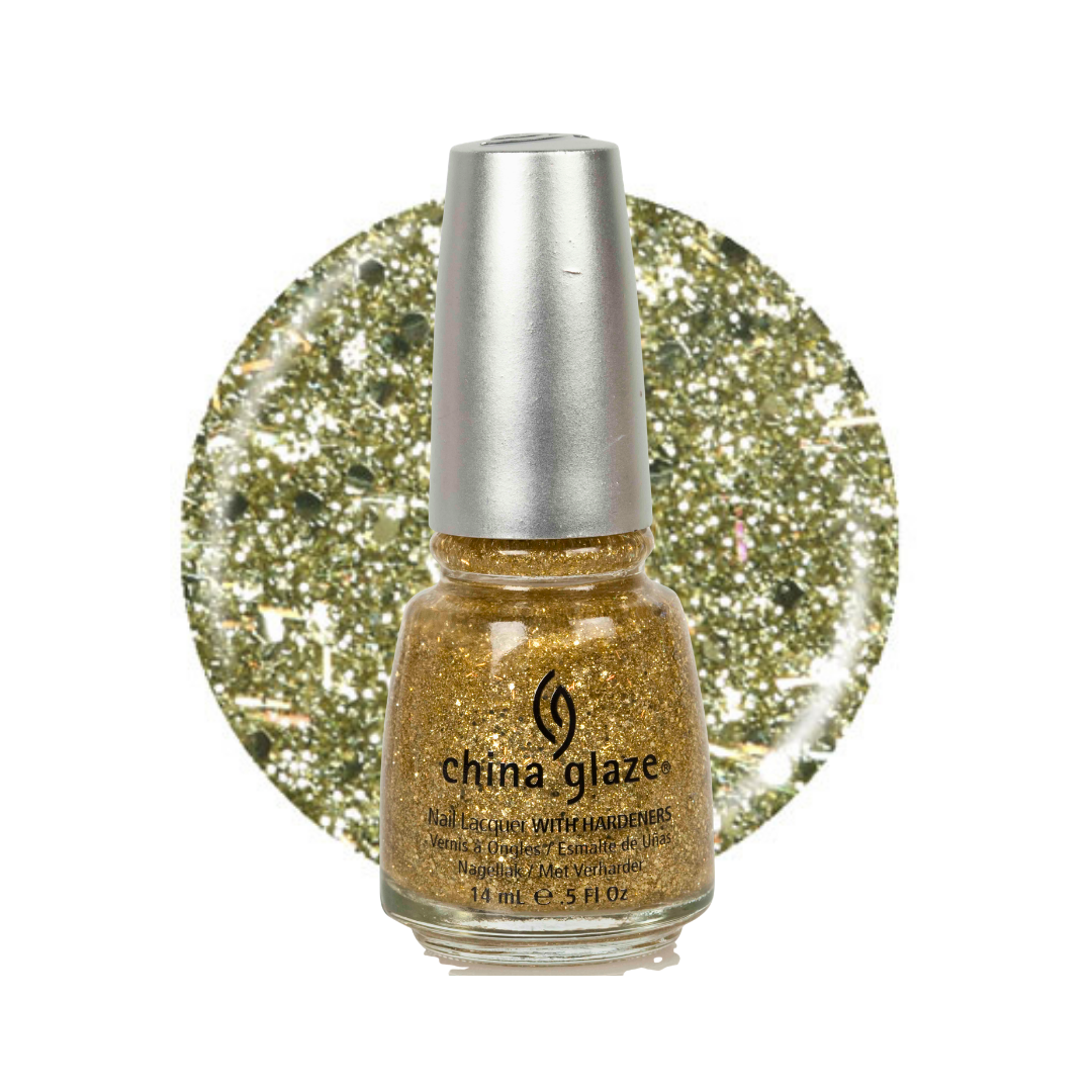 A bottle of China Glaze nail polish with gold glitter, shown in front of a circular swatch of the same gold glitter polish on a white background.