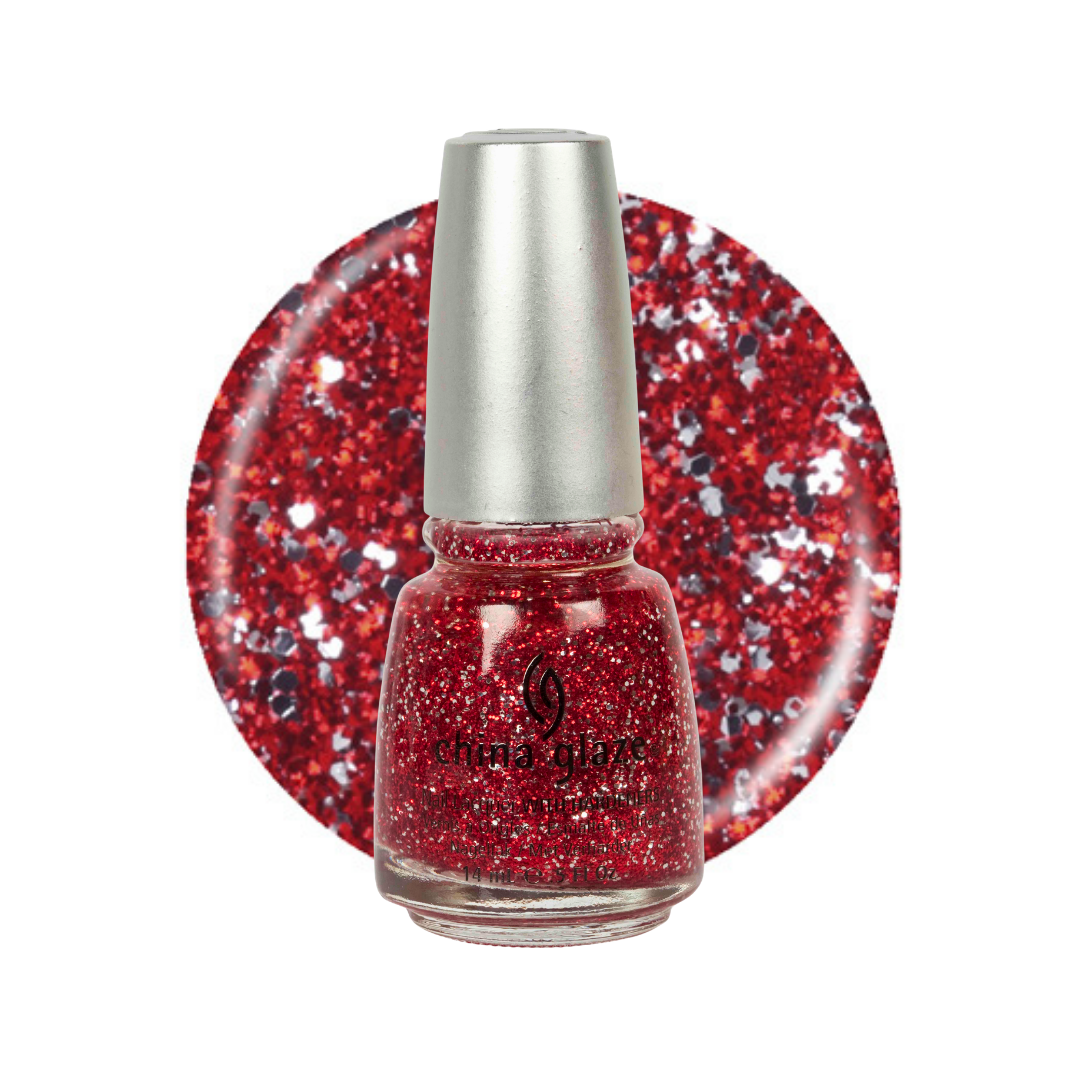 A bottle of China Glaze red and silver glitter nail polish with a black cap, shown in front of a circular swatch of multicolor glitter on a white background.