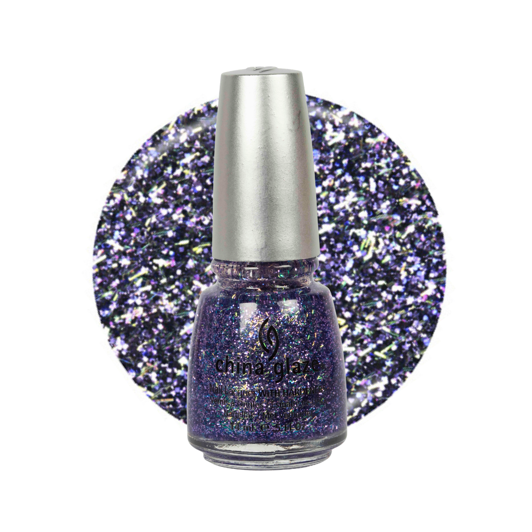 A bottle of China Glaze glitter nail polish in a deep purple shade with silver and blue iridescent shimmer, shown in front of a circular swatch of the glitter polish on a white background.